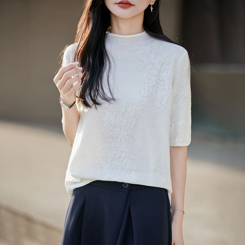 Mock Neck Elbow-Sleeve Knit Top