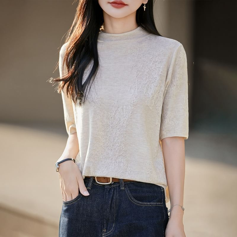 Mock Neck Elbow-Sleeve Knit Top