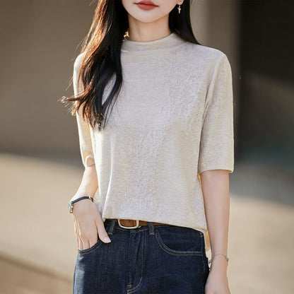 Mock Neck Elbow-Sleeve Knit Top