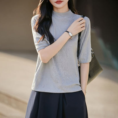 Mock Neck Elbow-Sleeve Knit Top