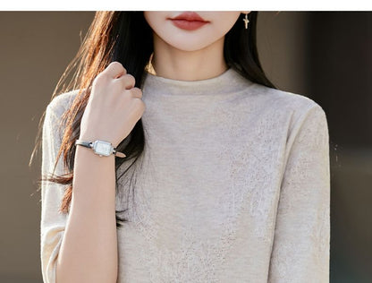 Mock Neck Elbow-Sleeve Knit Top