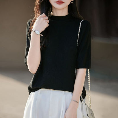 Mock Neck Elbow-Sleeve Knit Top