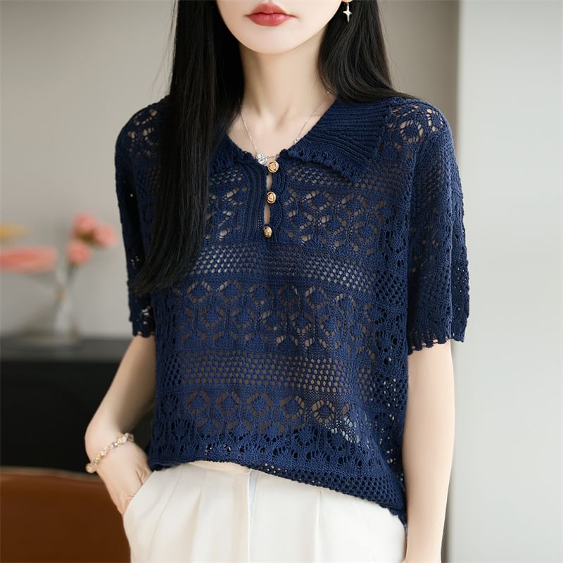 Crochet Polo Short-Sleeve Top