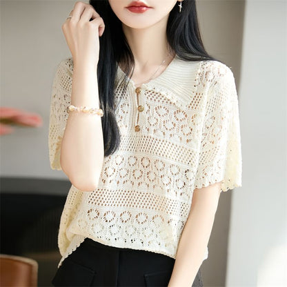 Crochet Polo Short-Sleeve Top