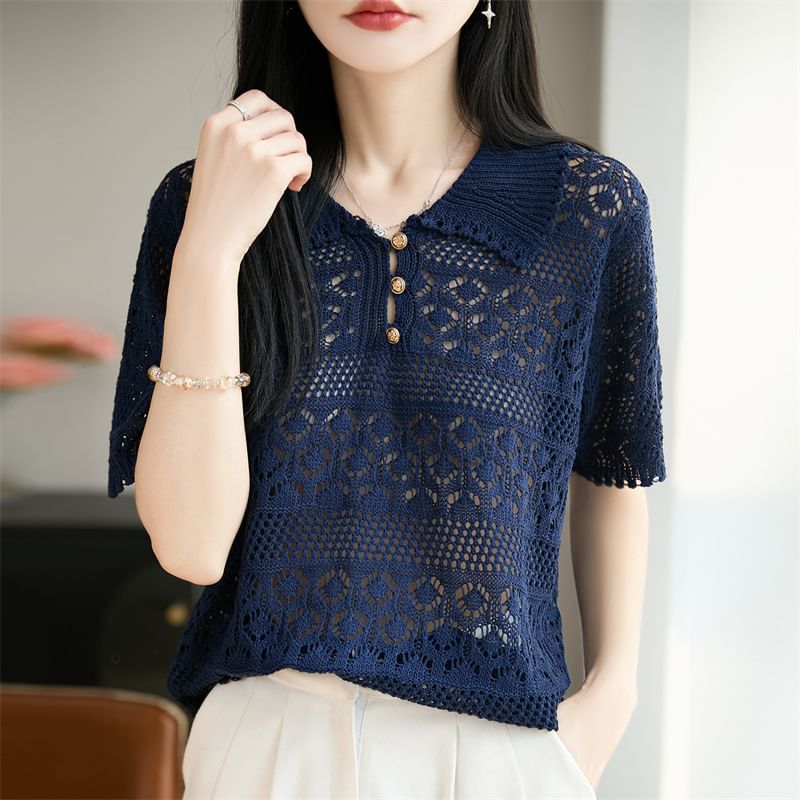 Crochet Polo Short-Sleeve Top