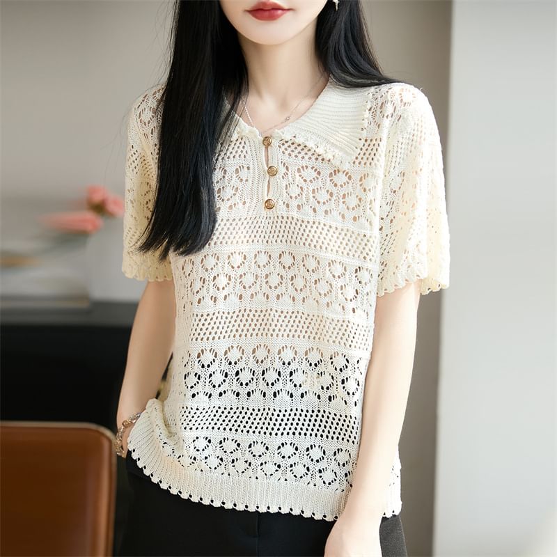 Crochet Polo Short-Sleeve Top