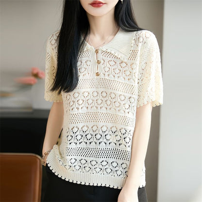 Crochet Polo Short-Sleeve Top