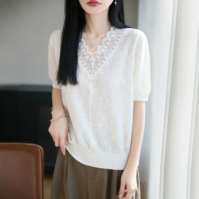Lace Trim V-Neck Knit Top