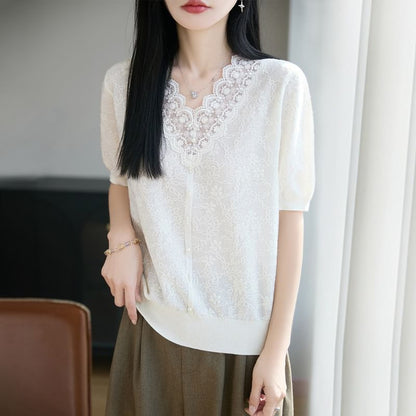 Lace Trim V-Neck Knit Top