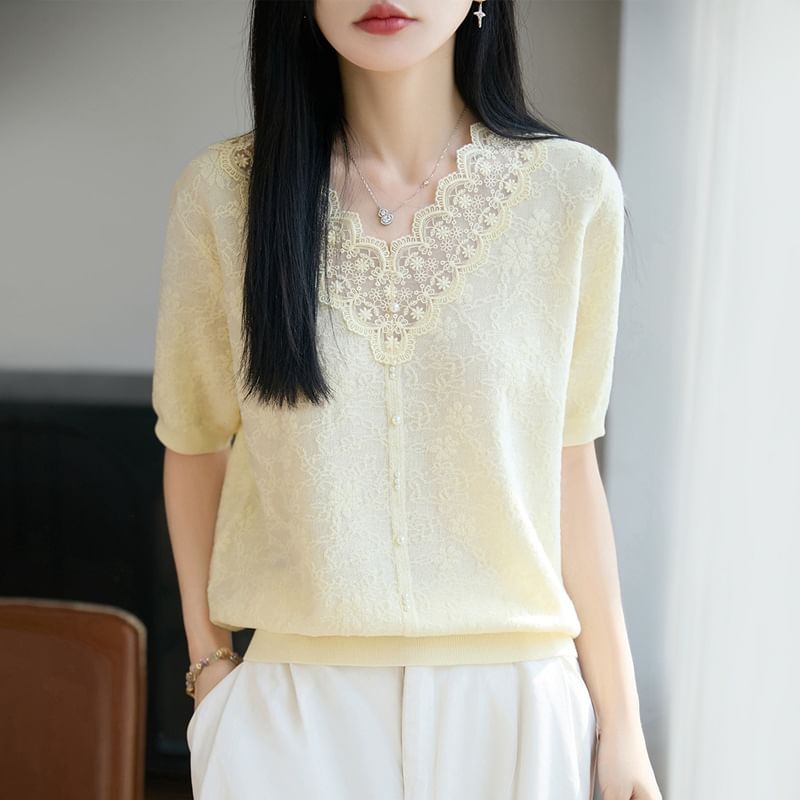 Lace Trim V-Neck Knit Top