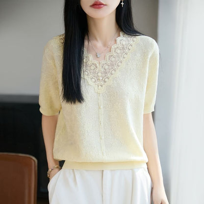 Lace Trim V-Neck Knit Top