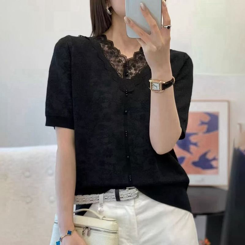 Lace Trim V-Neck Knit Top