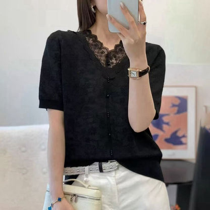 Lace Trim V-Neck Knit Top