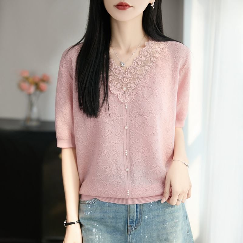 Lace Trim V-Neck Knit Top