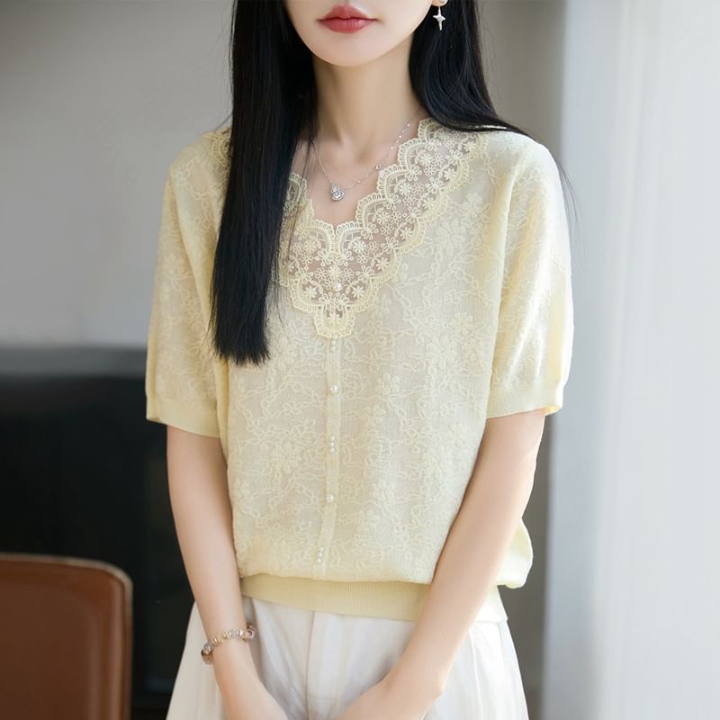 Lace Trim V-Neck Knit Top