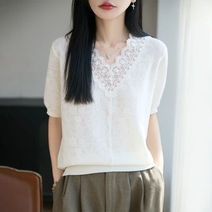 Lace Trim V-Neck Knit Top