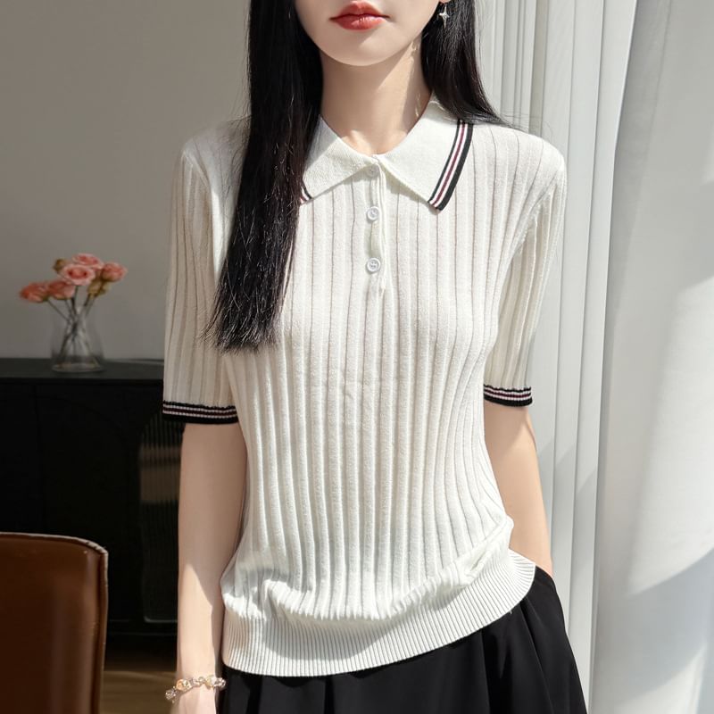 Striped Trim Polo Knit Tee with Short Sleeves