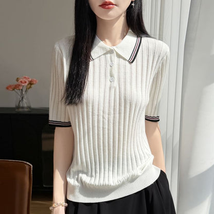 Striped Trim Polo Knit Tee with Short Sleeves