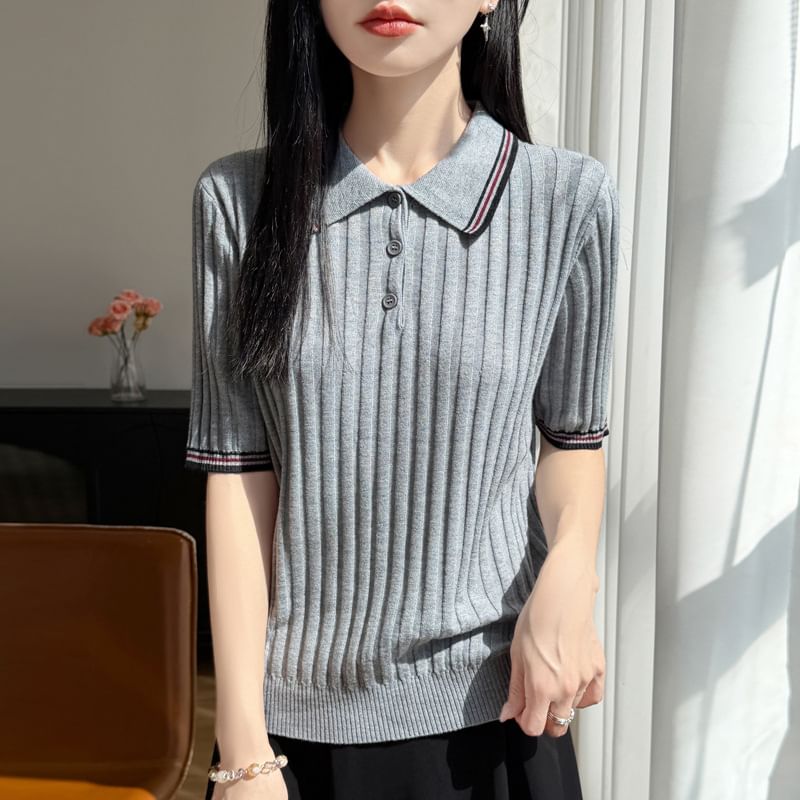 Striped Trim Polo Knit Tee with Short Sleeves