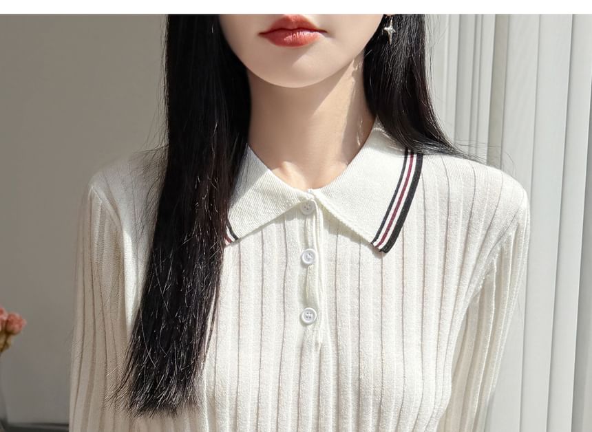 Striped Trim Polo Knit Tee with Short Sleeves