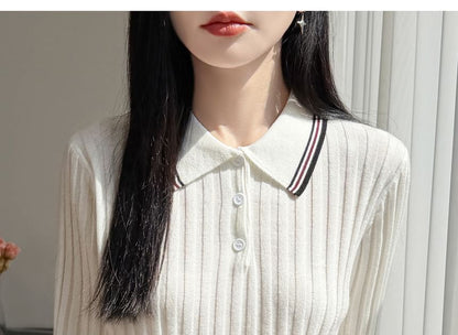 Striped Trim Polo Knit Tee with Short Sleeves
