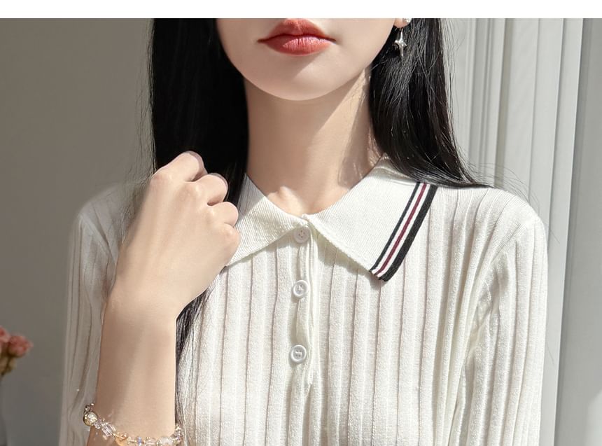 Striped Trim Polo Knit Tee with Short Sleeves