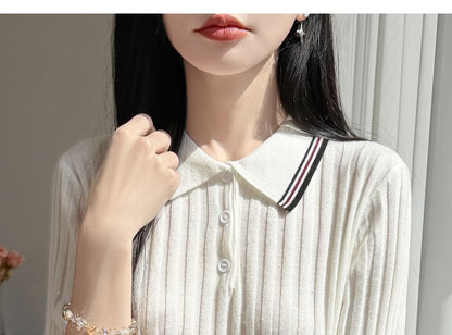 Striped Trim Polo Knit Tee with Short Sleeves