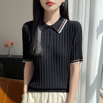 Striped Trim Polo Knit Tee with Short Sleeves