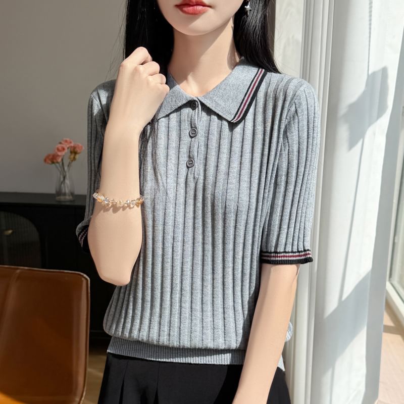 Striped Trim Polo Knit Tee with Short Sleeves