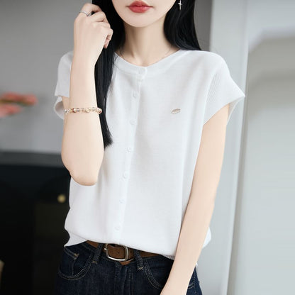 Button-Front Solid Knit Casual Shirt with Short Sleeves