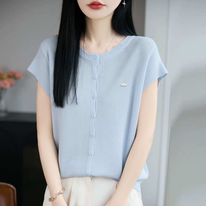 Button-Front Solid Knit Casual Shirt with Short Sleeves