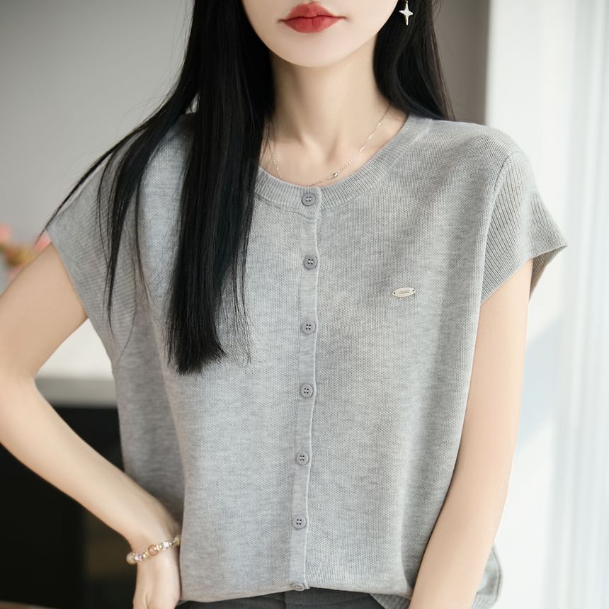 Button-Front Solid Knit Casual Shirt with Short Sleeves