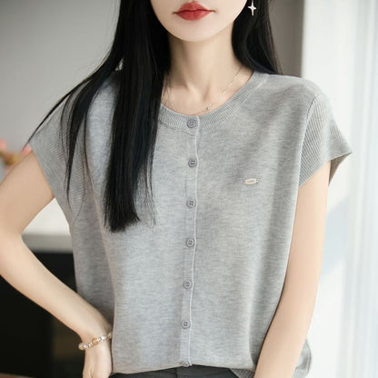 Button-Front Solid Knit Casual Shirt with Short Sleeves