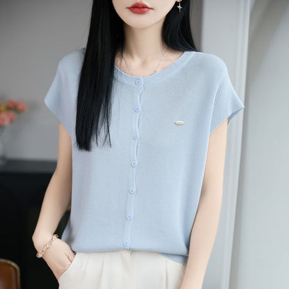 Button-Front Solid Knit Casual Shirt with Short Sleeves