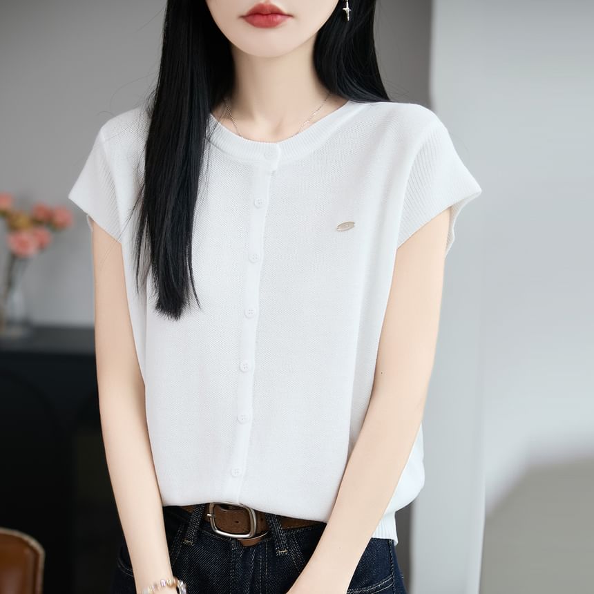 Button-Front Solid Knit Casual Shirt with Short Sleeves
