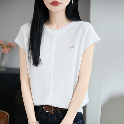 Button-Front Solid Knit Casual Shirt with Short Sleeves