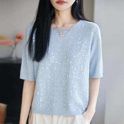 Sequin V-Neck Knit Top