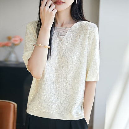 Sequin V-Neck Knit Top