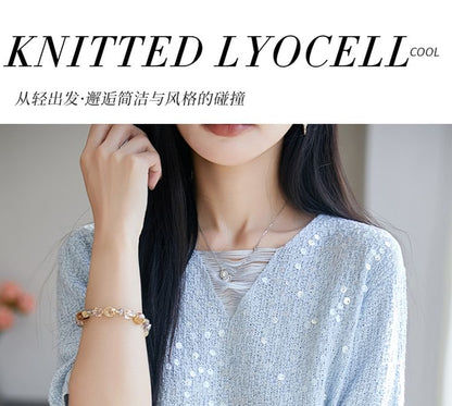 Sequin V-Neck Knit Top