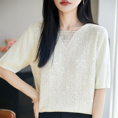 Sequin V-Neck Knit Top