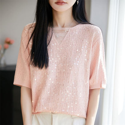 Sequin V-Neck Knit Top