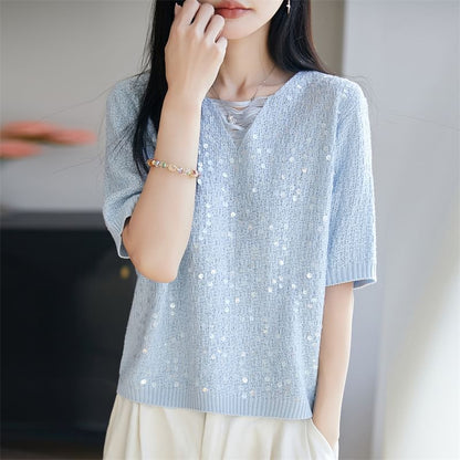 Sequin V-Neck Knit Top