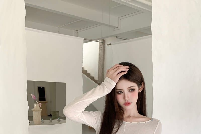 Sheer Boatneck Long-Sleeve Top