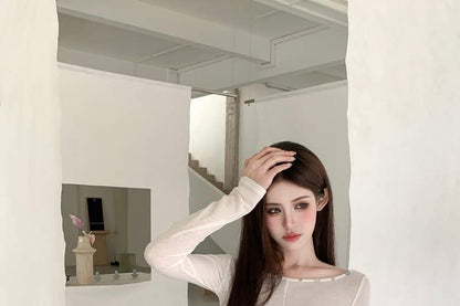 Sheer Boatneck Long-Sleeve Top