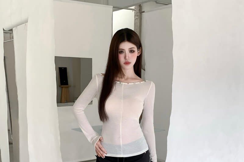Sheer Boatneck Long-Sleeve Top
