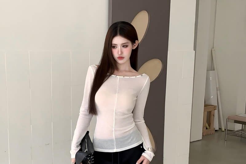 Sheer Boatneck Long-Sleeve Top