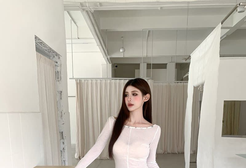 Sheer Boatneck Long-Sleeve Top