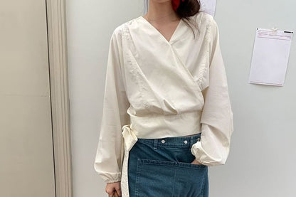 V-Neck Wrap Blouse with Tie Waist and Long Sleeves