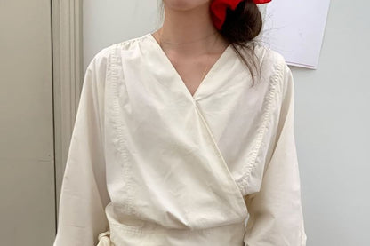 V-Neck Wrap Blouse with Tie Waist and Long Sleeves