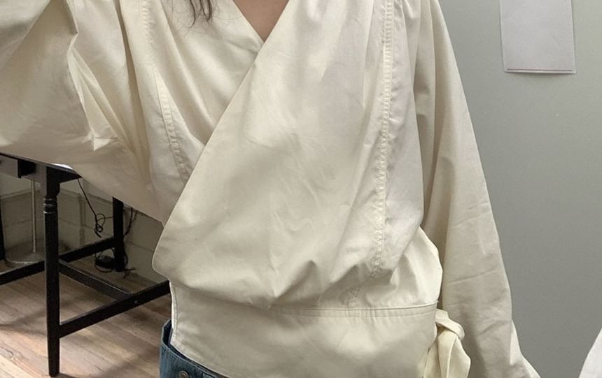 V-Neck Wrap Blouse with Tie Waist and Long Sleeves